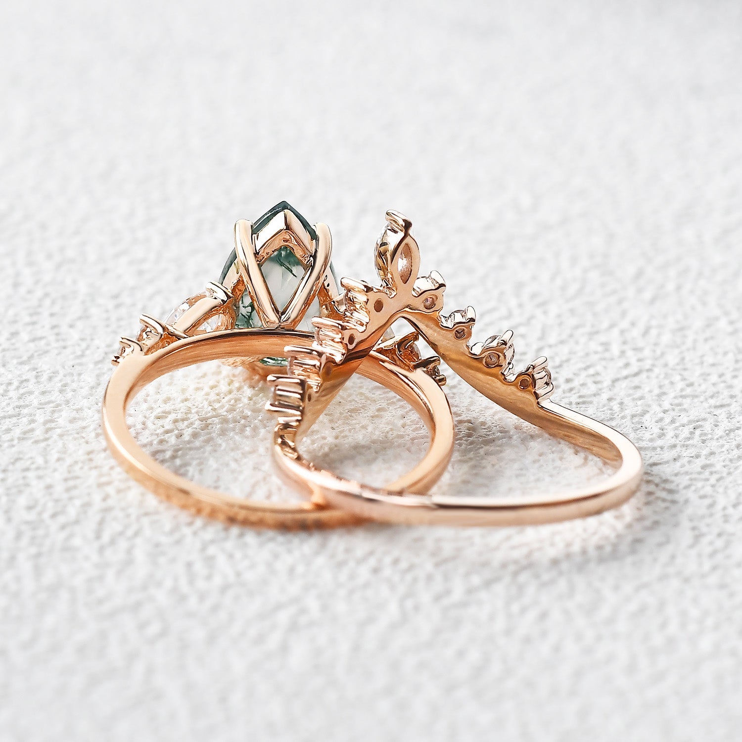 Pear Shaped Moss Agate & Pearl Chevron Bridal Ring Set 2pcs