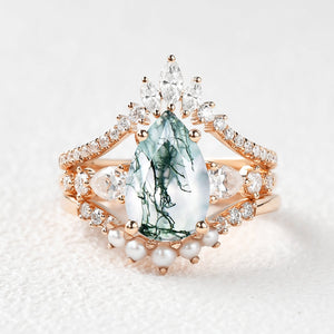 3.0ct Pear Shaped Moss Agate & Pearl Bridal Ring Set 3pcs