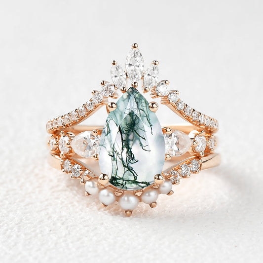 3.0ct Pear Shaped Moss Agate & Pearl Bridal Ring Set 3pcs
