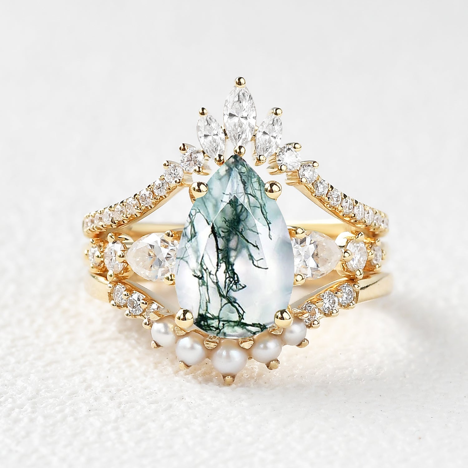 3.0ct Pear Shaped Moss Agate & Pearl Bridal Ring Set 3pcs