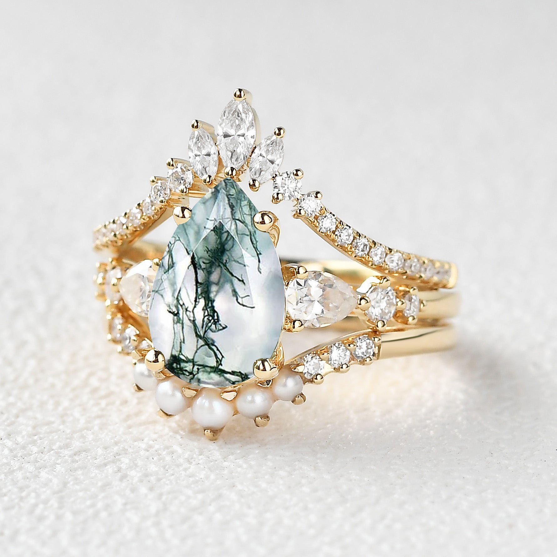 3.0ct Pear Shaped Moss Agate & Pearl Bridal Ring Set 3pcs