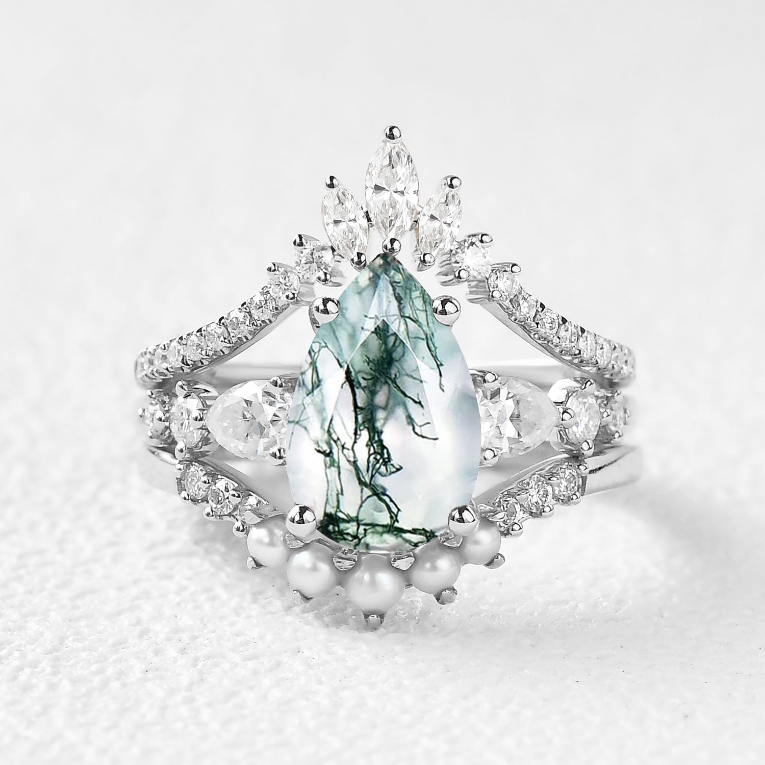 3.0ct Pear Shaped Moss Agate & Pearl Bridal Ring Set 3pcs