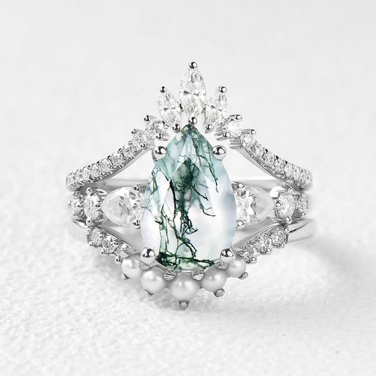 3.0ct Pear Shaped Moss Agate & Pearl Bridal Ring Set 3pcs