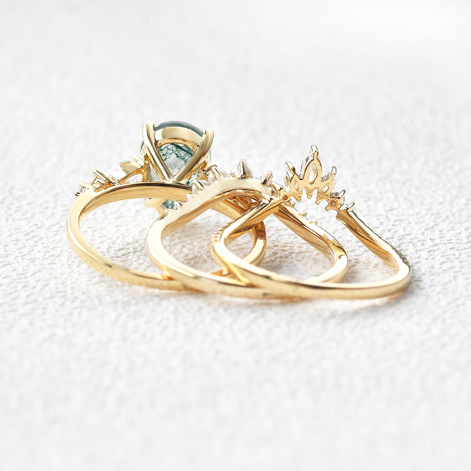 3.0ct Pear Shaped Moss Agate & Pearl Bridal Ring Set 3pcs