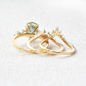 3.0ct Pear Shaped Moss Agate & Pearl Bridal Ring Set 3pcs