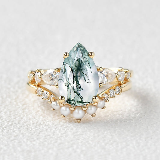 3.0ct Pear Shaped Moss Agate & Pearl Bridal Ring Set 2pcs
