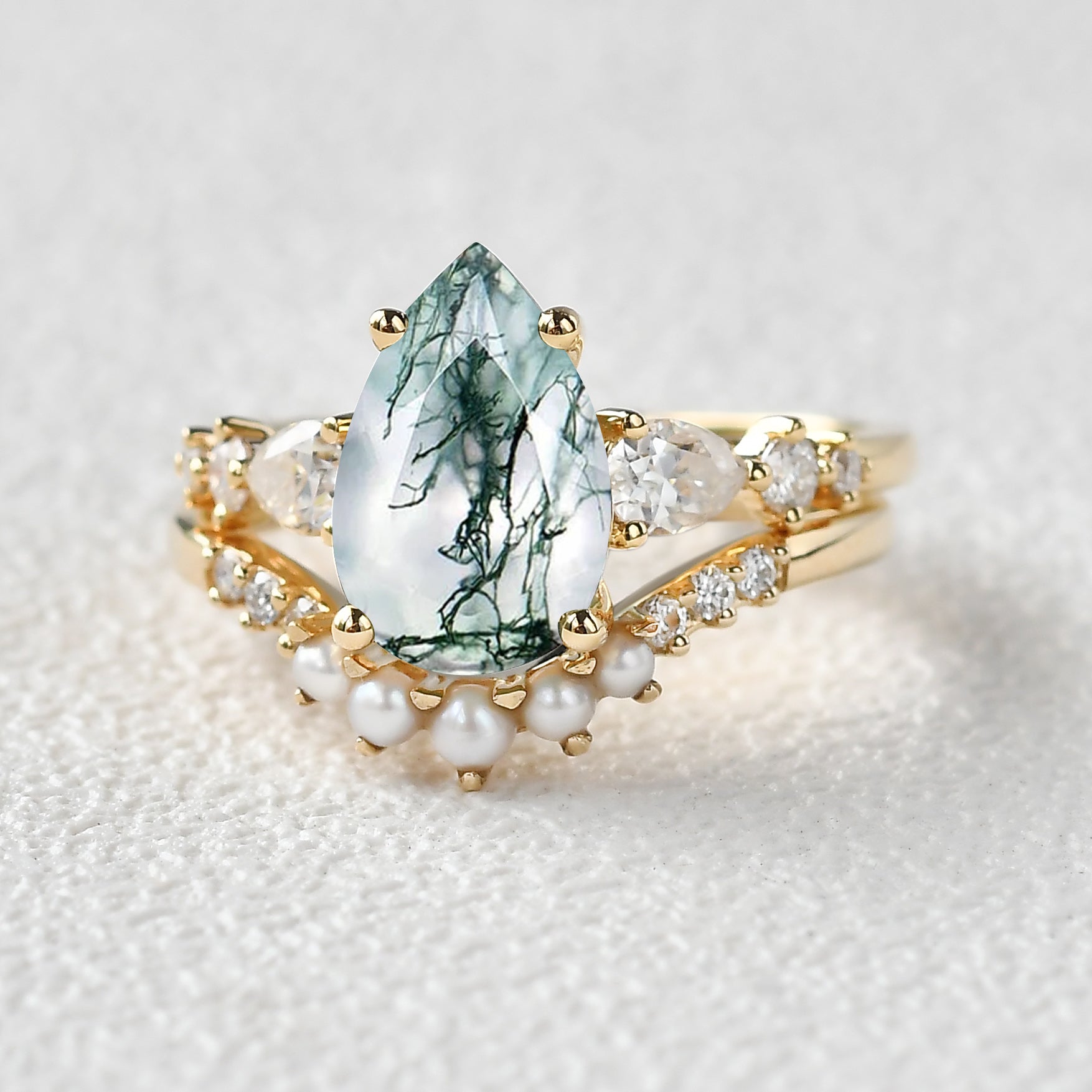 3.0ct Pear Shaped Moss Agate & Pearl Bridal Ring Set 2pcs