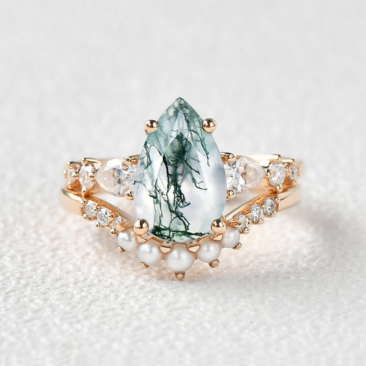 3.0ct Pear Shaped Moss Agate & Pearl Bridal Ring Set 2pcs