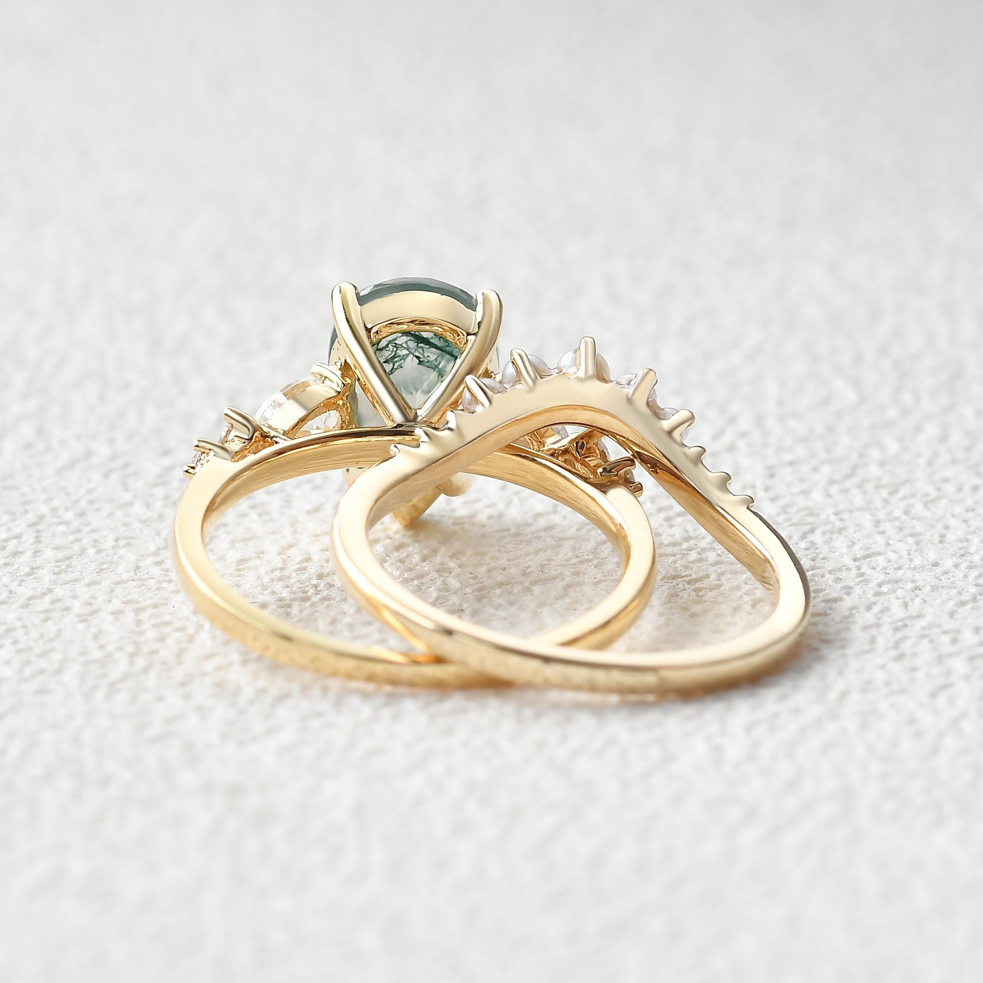 3.0ct Pear Shaped Moss Agate & Pearl Bridal Ring Set 2pcs