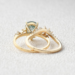 3.0ct Pear Shaped Moss Agate & Pearl Bridal Ring Set 2pcs