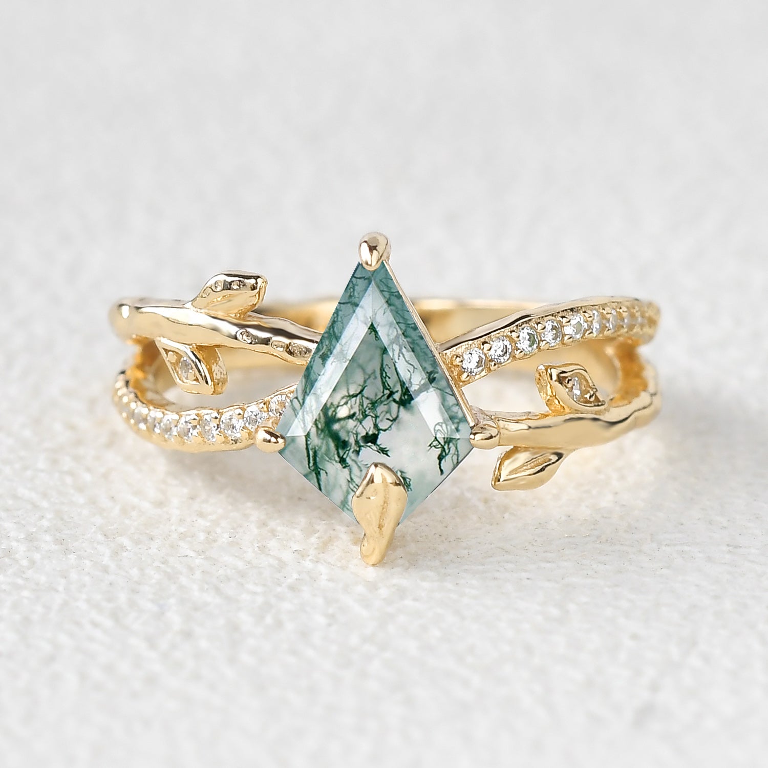 Kite Cut Moss Agate Leafy  Engagement Ring - Ayla
