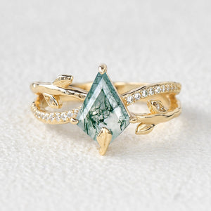 Kite Cut Moss Agate Leafy  Engagement Ring - Ayla
