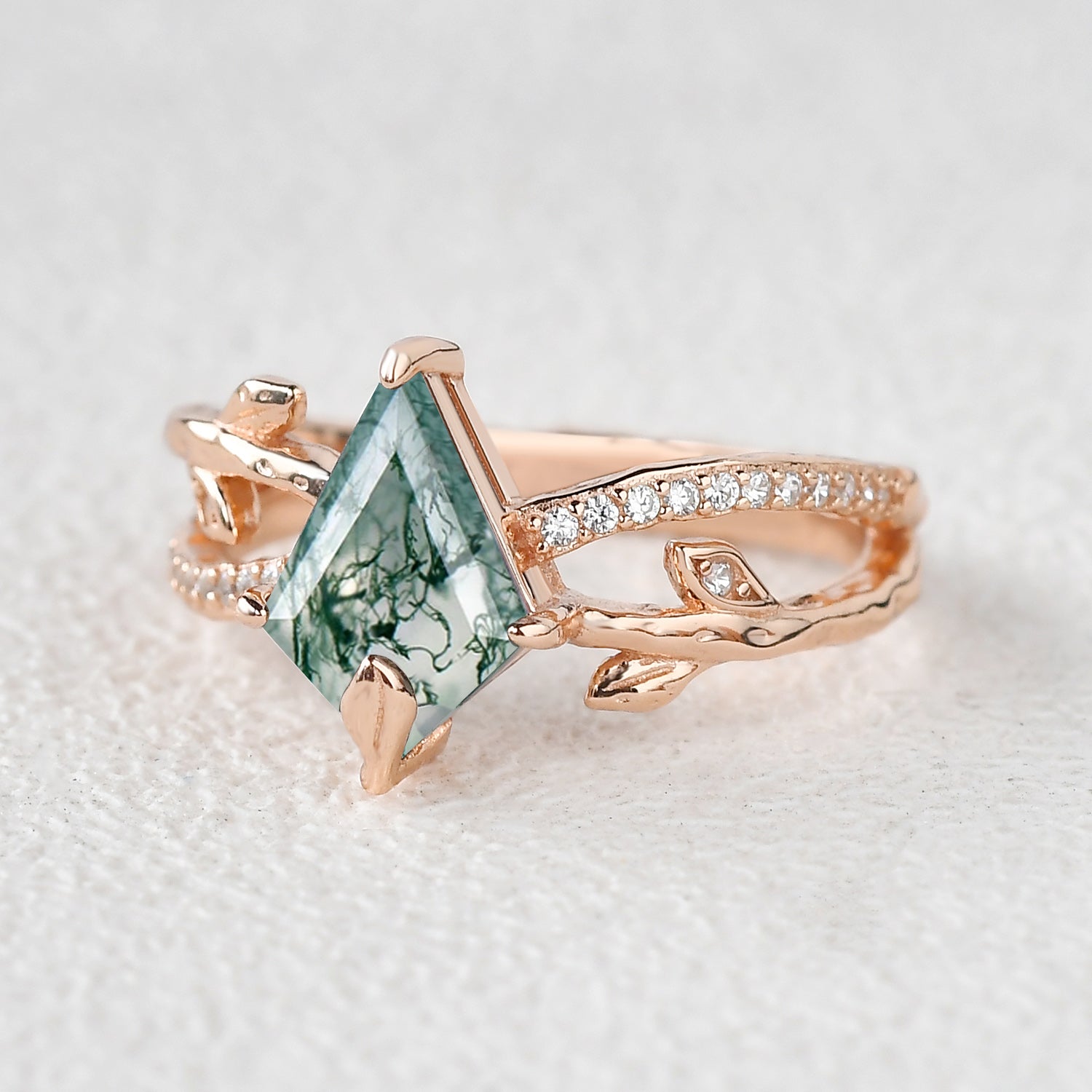 Kite Cut Moss Agate Leafy  Engagement Ring - Ayla