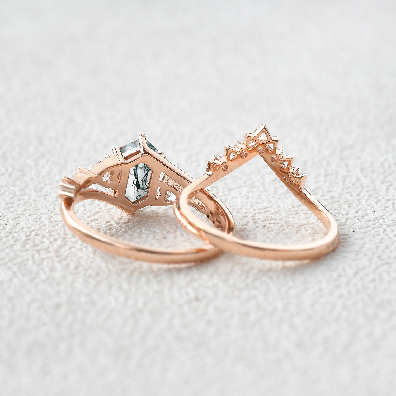 Hexagon Moss Agate Art-Deco Engagement Ring Set 2pcs