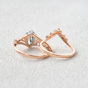 Hexagon Moss Agate Art-Deco Engagement Ring Set 2pcs