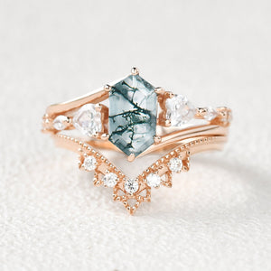 Hexagon Moss Agate Art-Deco Engagement Ring Set 2pcs