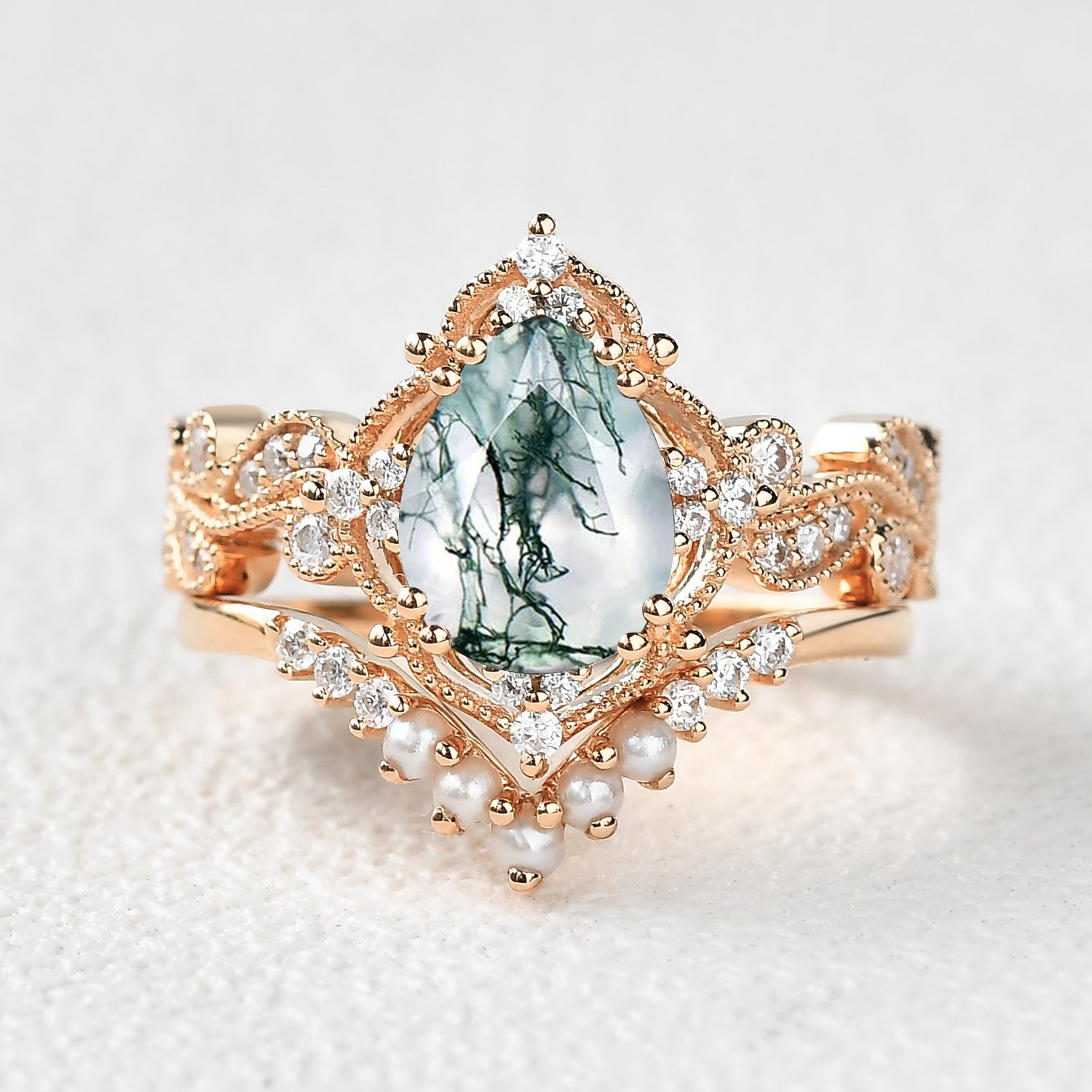 Pear Shaped Moss Agate & Pearl Engagement Ring Set 2pcs - Harper