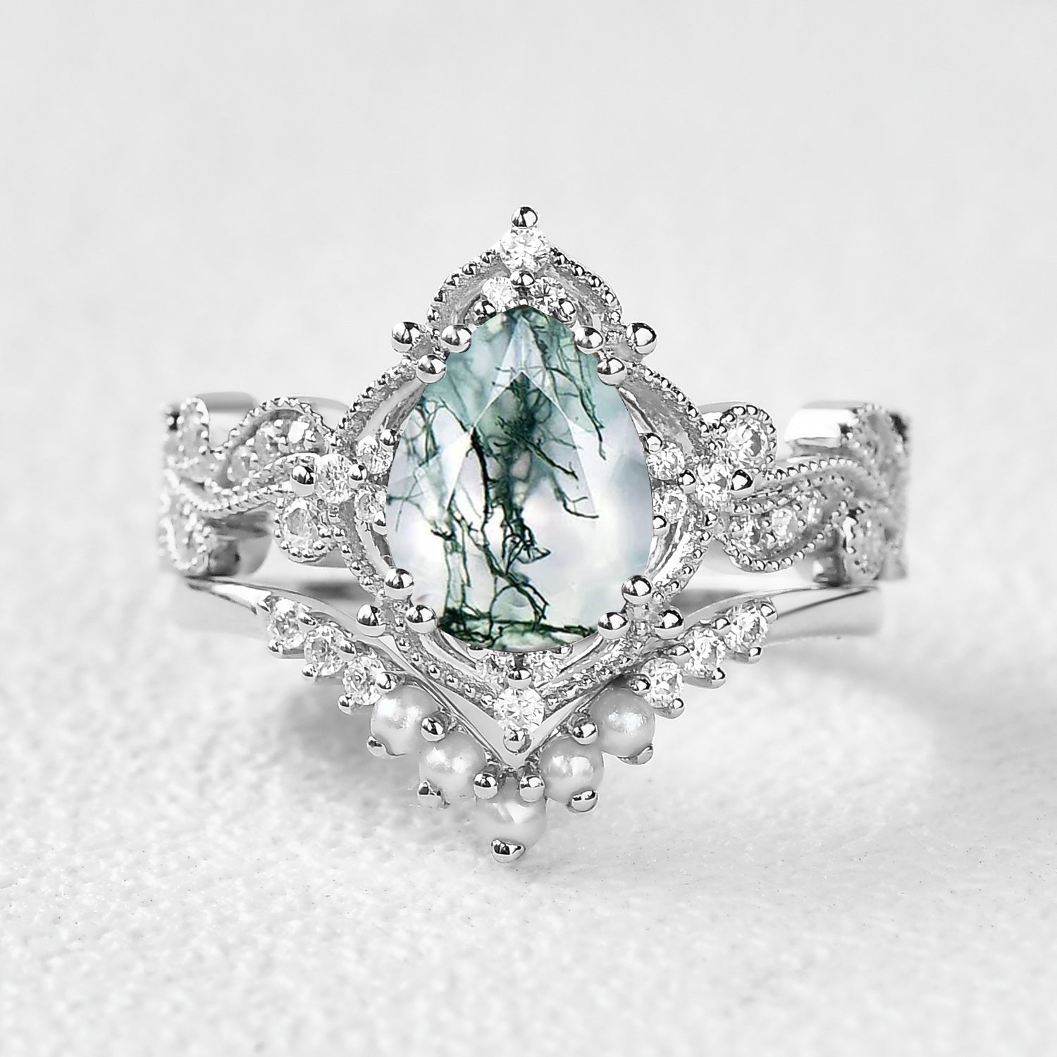 Pear Shaped Moss Agate & Pearl Engagement Ring Set 2pcs - Harper