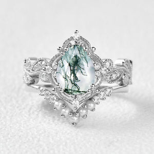 Pear Shaped Moss Agate & Pearl Engagement Ring Set 2pcs - Harper