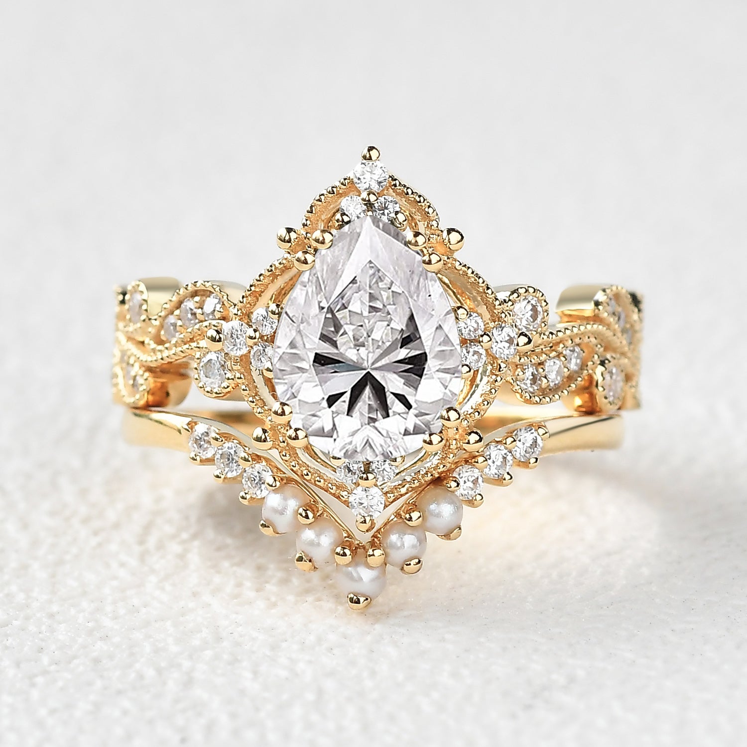 Pear Shaped Moss Agate & Pearl Engagement Ring Set 2pcs - Harper