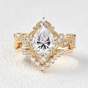 Pear Shaped Moss Agate & Pearl Engagement Ring Set 2pcs - Harper