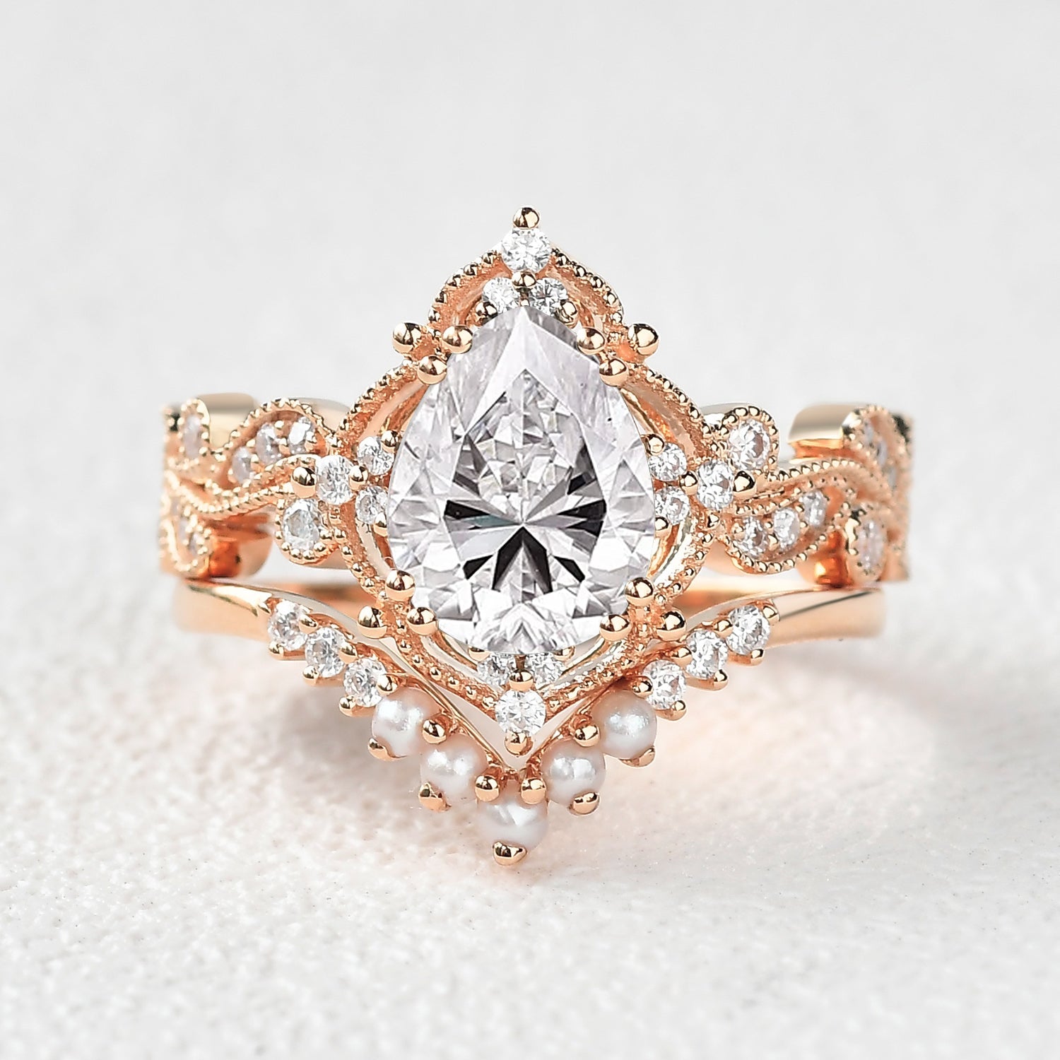 Pear Shaped Moss Agate & Pearl Engagement Ring Set 2pcs - Harper