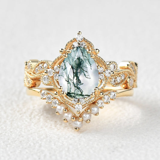 Pear Shaped Moss Agate & Pearl Engagement Ring Set 2pcs - Harper