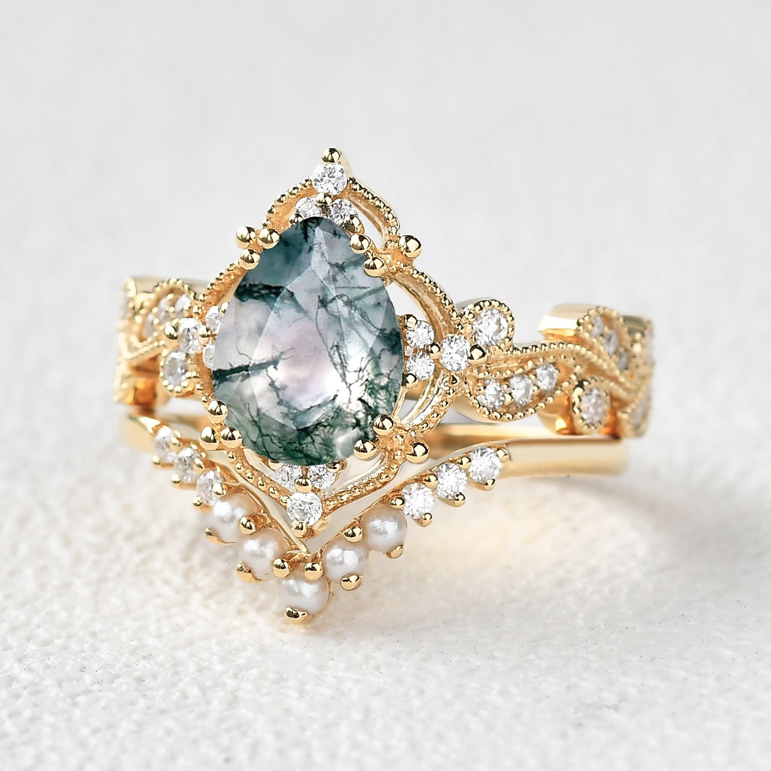 Pear Shaped Moss Agate & Pearl Engagement Ring Set 2pcs - Harper