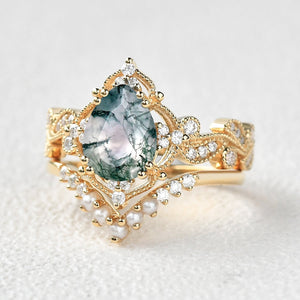 Pear Shaped Moss Agate & Pearl Engagement Ring Set 2pcs - Harper