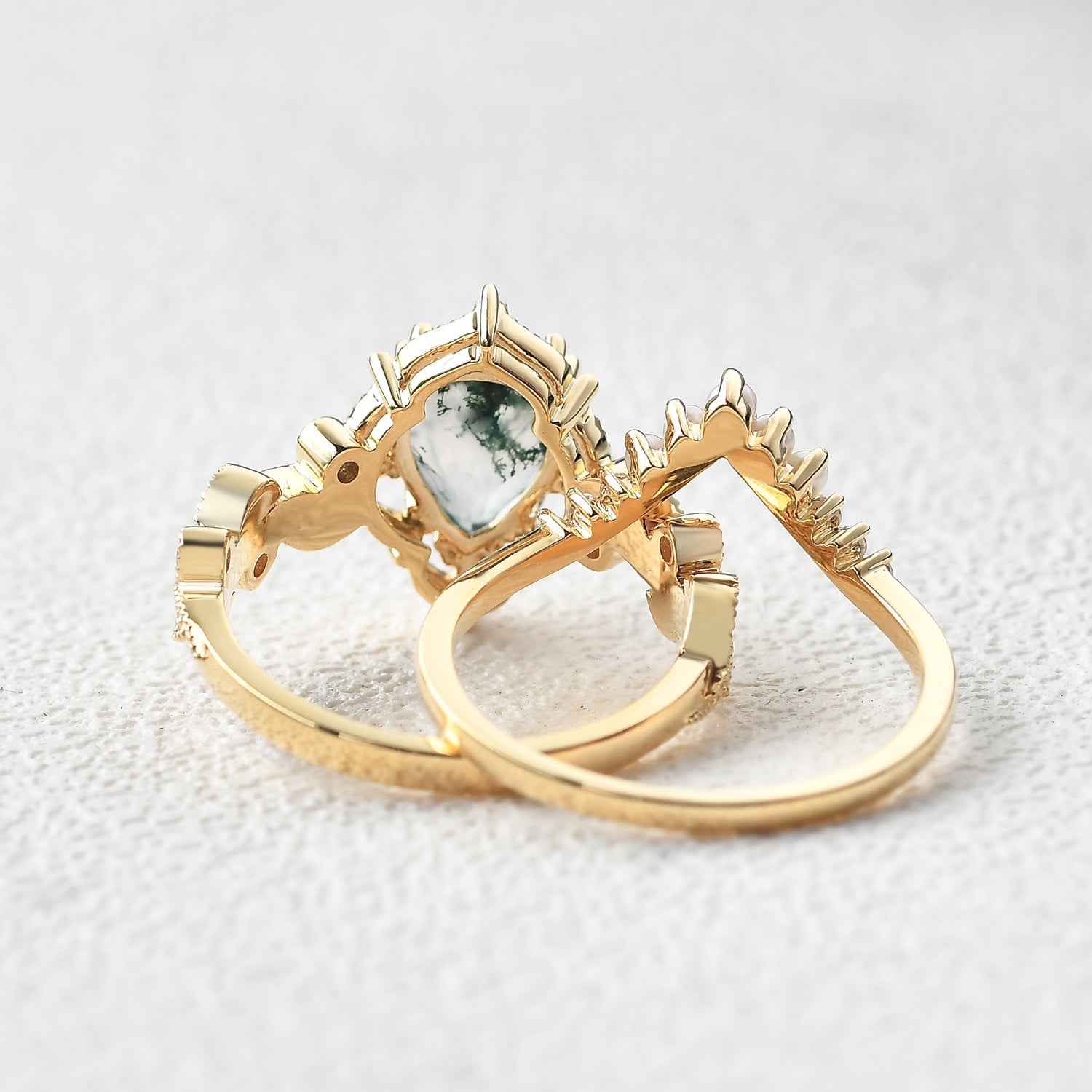 Pear Shaped Moss Agate & Pearl Engagement Ring Set 2pcs - Harper
