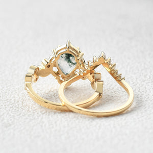 Pear Shaped Moss Agate & Pearl Engagement Ring Set 2pcs - Harper