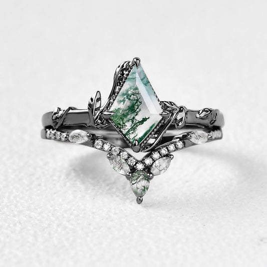 Black Gold Kite Cut Moss Agate Leafy Ring Sets 2pcs - Lark