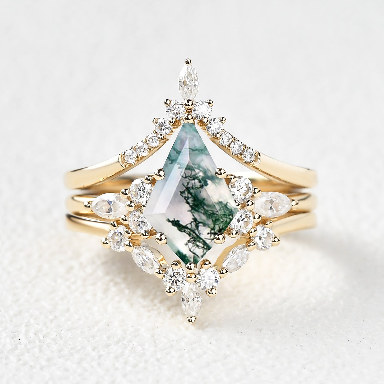 Unique Kite Cut Moss Agate Chevron Engagement Ring Set 3pcs - Kinsley