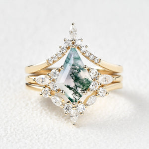Unique Kite Cut Moss Agate Chevron Engagement Ring Set 3pcs - Kinsley