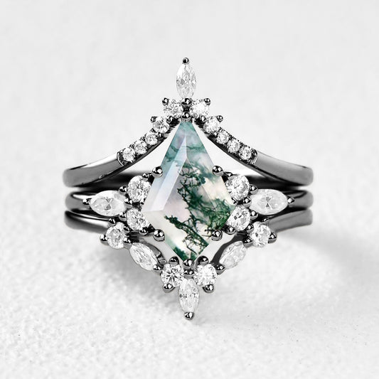 Black Gold Unique Kite Cut Moss Agate Ring Set 3pcs - Kinsley