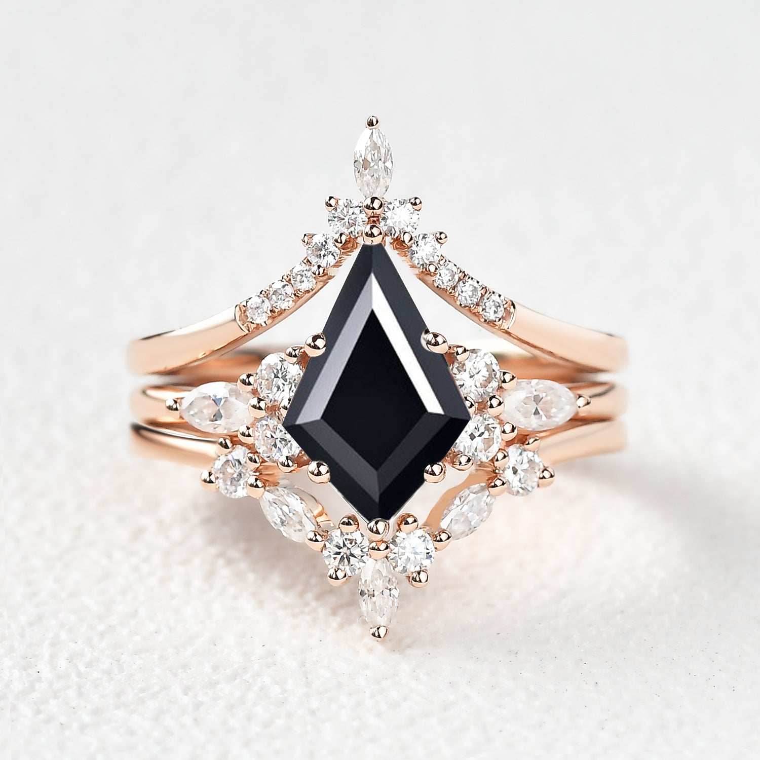 Unique Kite Cut Moss Agate Chevron Engagement Ring Set 3pcs - Kinsley