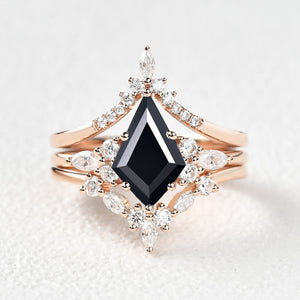 Unique Kite Cut Moss Agate Chevron Engagement Ring Set 3pcs - Kinsley