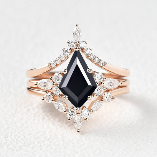 Unique Kite Cut Moss Agate Chevron Engagement Ring Set 3pcs - Kinsley