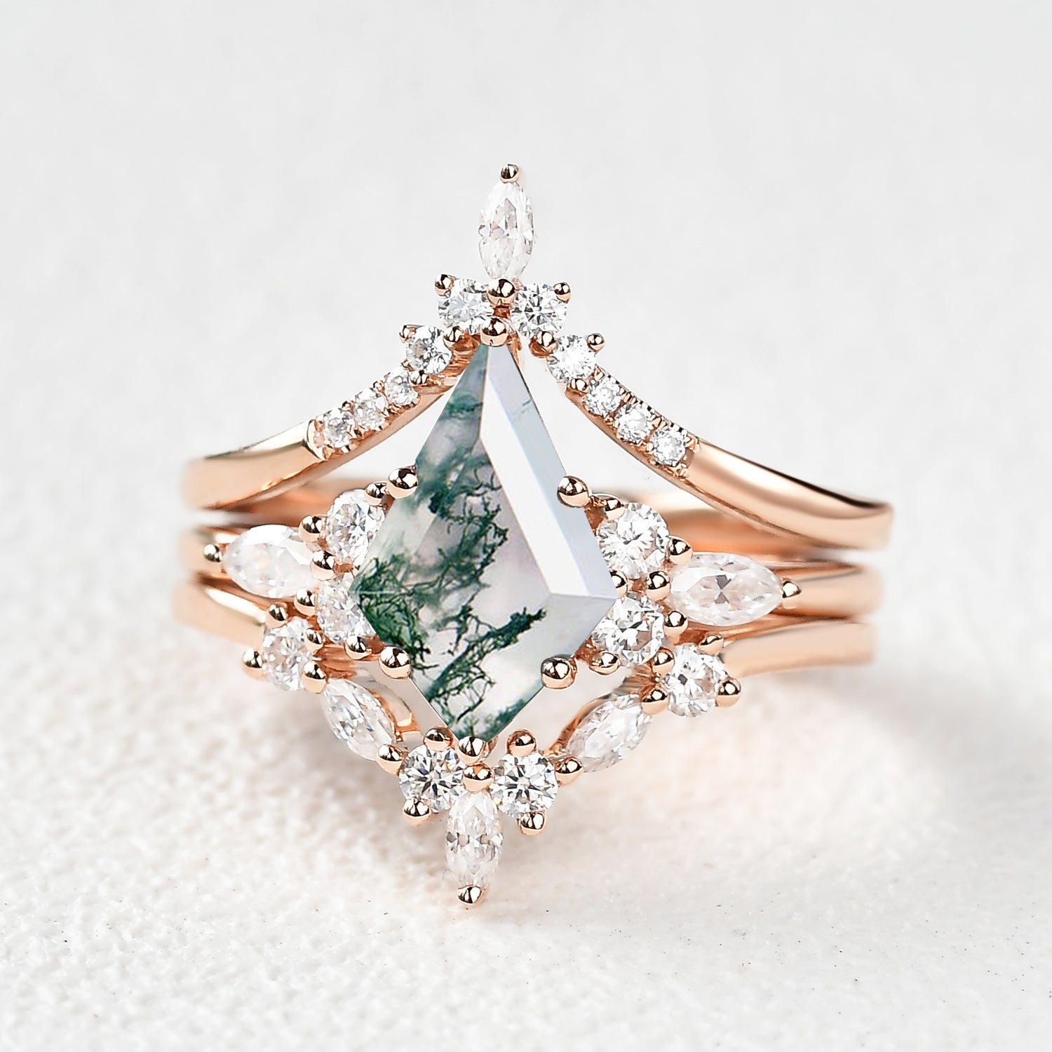 Unique Kite Cut Moss Agate Chevron Engagement Ring Set 3pcs - Kinsley