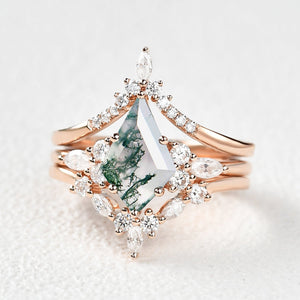 Unique Kite Cut Moss Agate Chevron Engagement Ring Set 3pcs - Kinsley