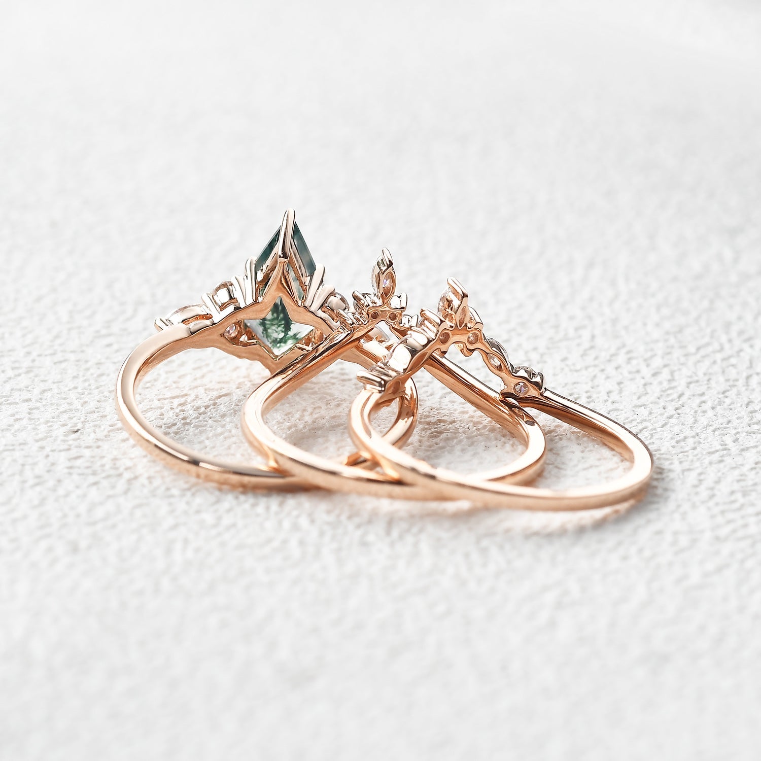 Unique Kite Cut Moss Agate Chevron Engagement Ring Set 3pcs - Kinsley