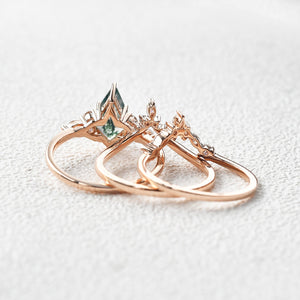 Unique Kite Cut Moss Agate Chevron Engagement Ring Set 3pcs - Kinsley