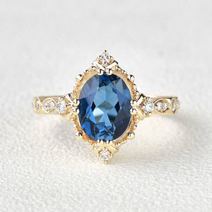 Vintage London Blue Topaz & Moissanite Art Deco Ring