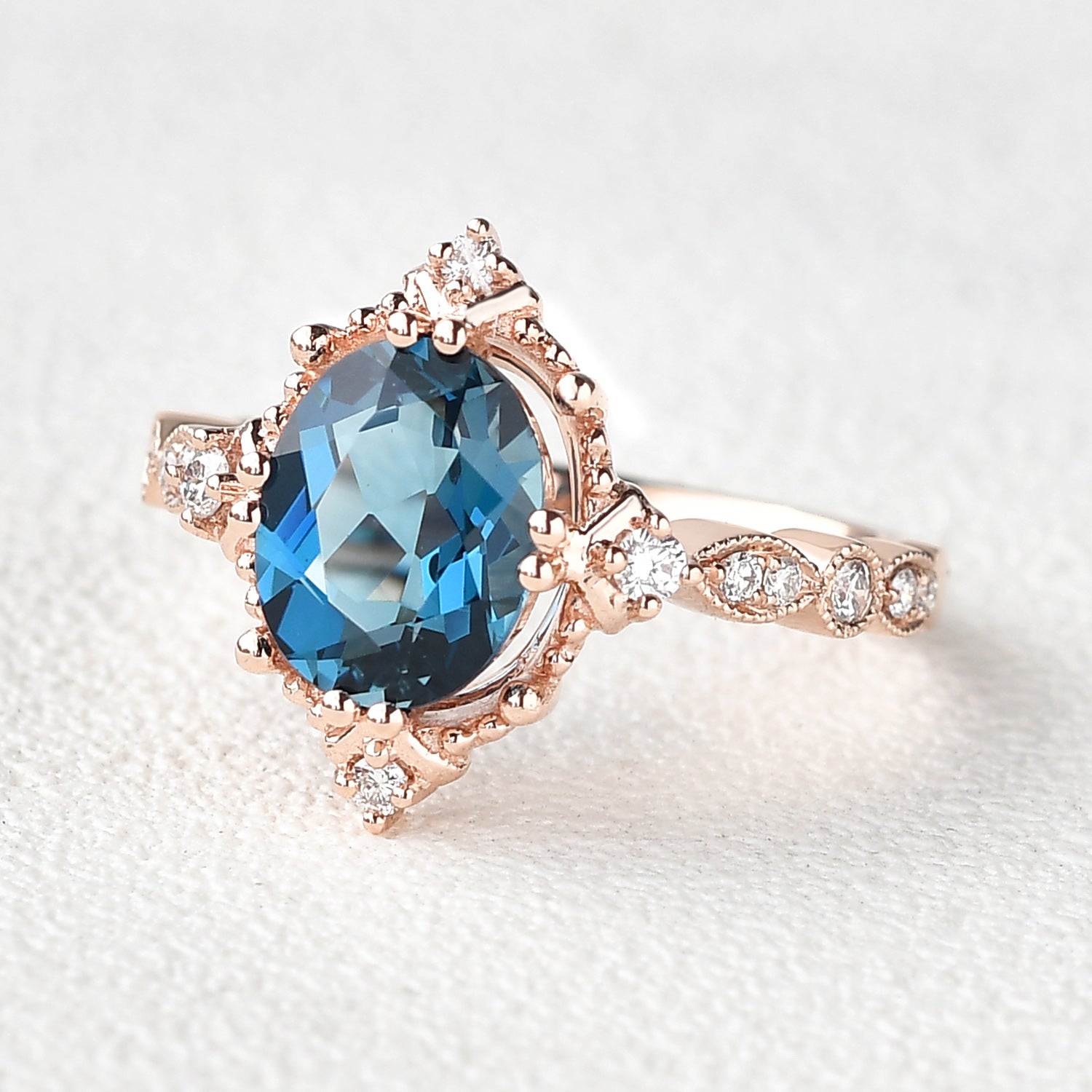 Vintage London Blue Topaz & Moissanite Art Deco Ring