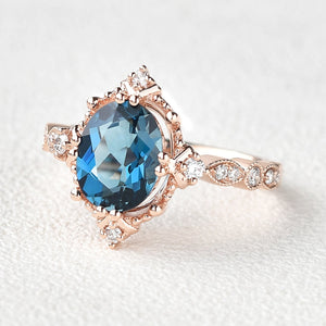 Vintage London Blue Topaz & Moissanite Art Deco Ring