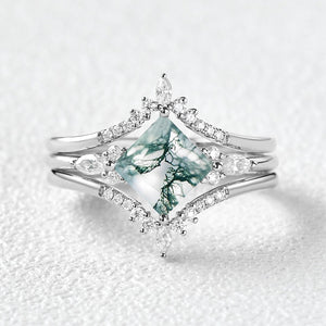 Moss Agate Princess Cut Cluster Engagement Ring Set 3pcs