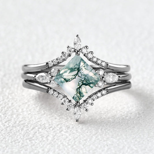 Black Gold Moss Agate Princess Cut Engagement Ring Set 3pcs