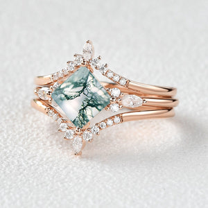 Moss Agate Princess Cut Cluster Engagement Ring Set 3pcs