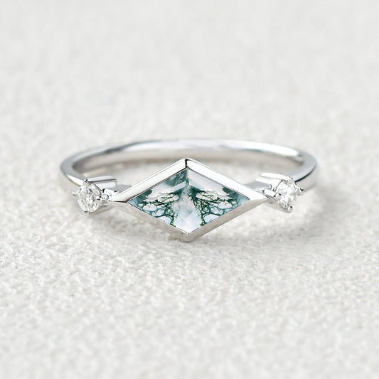 East-West Moss Agate Rhombus Cut Bezel Set Ring