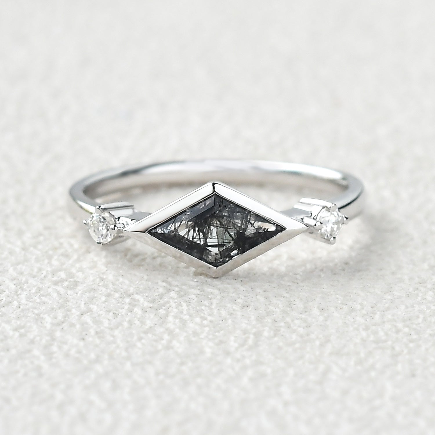 East-West Moss Agate Rhombus Cut Bezel Set Ring